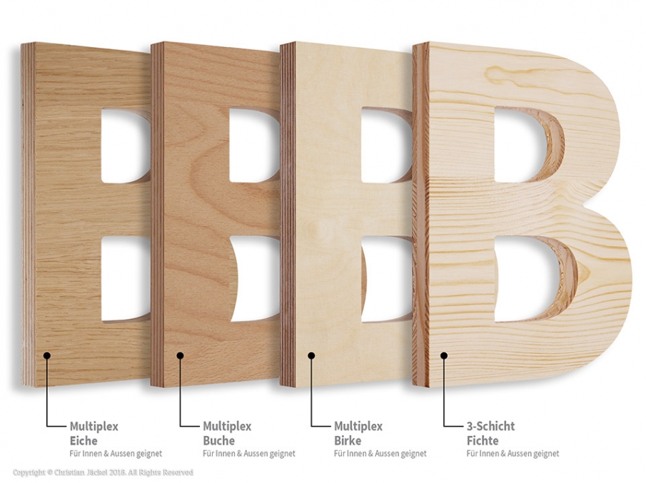 Holzarten für 3D Buchstaben