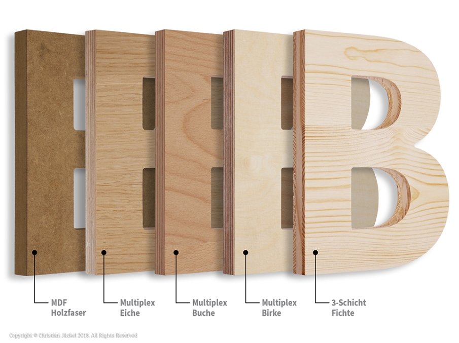 Holzarten für 3D Buchstaben