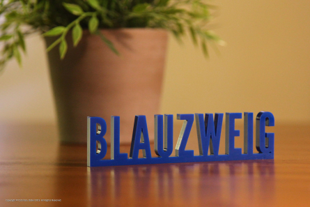 Giveaway Logo aus blauem Acrylglas.