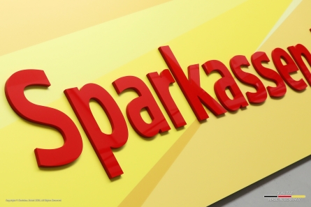 Sparkassen-Deck - Hochwertige Werbetafel mit 3D-Buchstaben aus rotem Acrylox